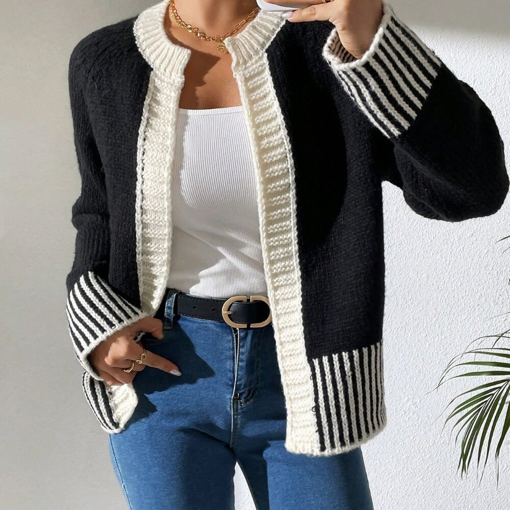 Black And White Casual Women's French Fashion Versatile Striped Knitted Cardigan - Picture 6 of 6